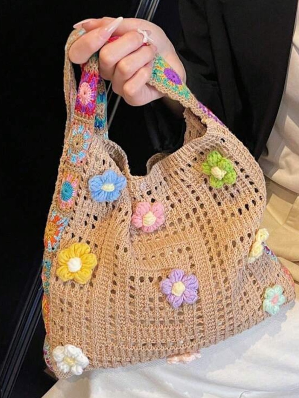 Bohemian Handmade Beige Crochet Floral Tote Bag - Picture 4 of 5